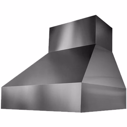 Angled view of the Trade-Wind Pyramid Hood showcasing its bold stainless steel design