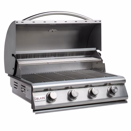 Blaze Prelude LBM 32" Built-In 4-Burner Grill on white background, lid open