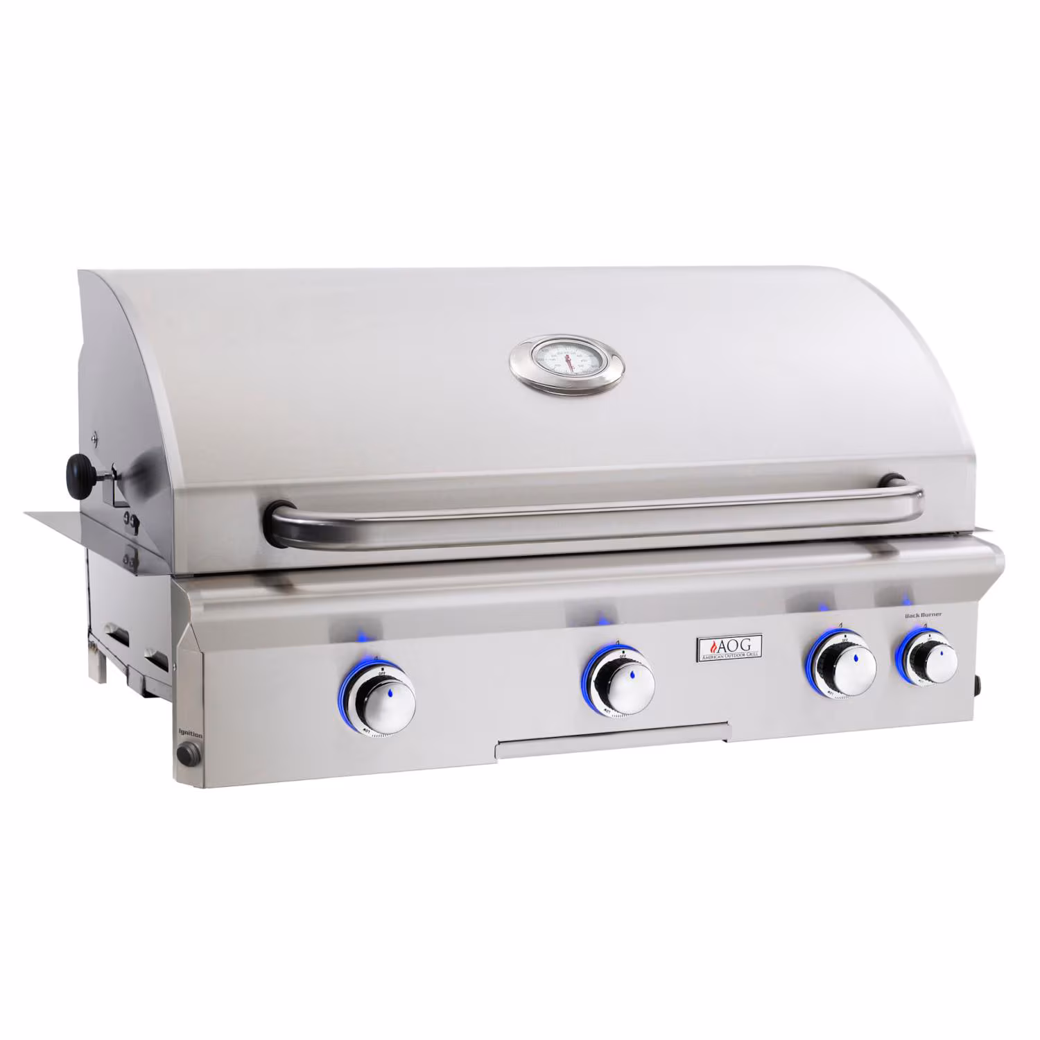 AOG Built-In NG 3-Burner Grill With Rotisserie on white background with hood closed