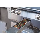 Close-up of built-in stainless smoker box on the Alfresco ALXE 42" Built-In NG Grill With Sear Zone & Rotisserie, designed for wood chip flavor infusion