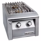 lose-up of Alfresco side burner controls and stainless steel cooking grates