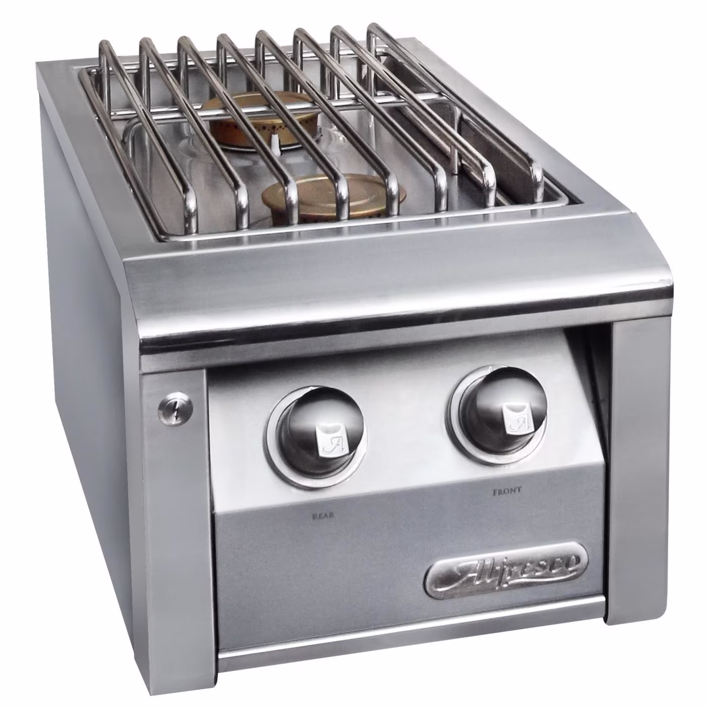 lose-up of Alfresco side burner controls and stainless steel cooking grates