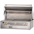 Alfresco ALXE 42" Built-In NG Grill With Sear Zone & Rotisserie with hood open on white background highlighting cooking surface