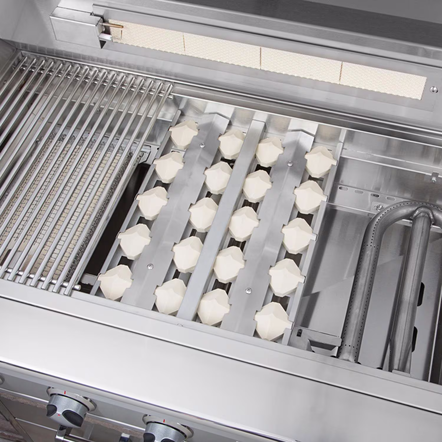 Delta Heat Built-In Gas Grill with open hood on white background