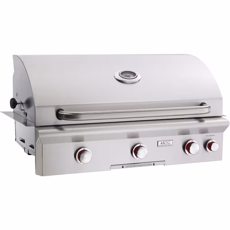 Front view of AOG Built-In NG 3-Burner Grill With Rotisserie with lid closed and polished finish