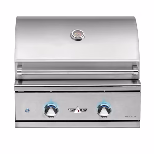 Delta Heat 2-Burner Built-In LP Gas Grill with hood closed on white background