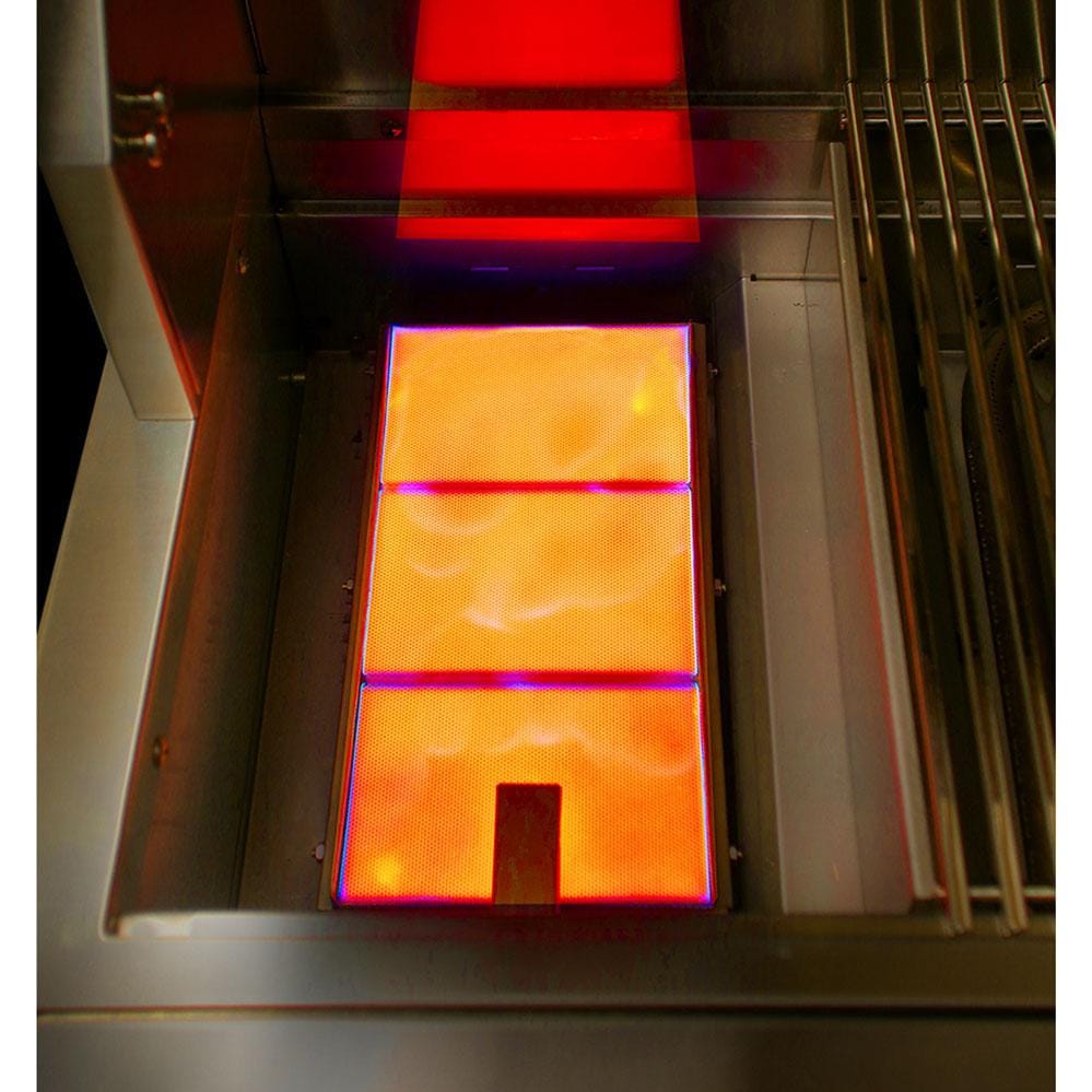 Close-up of the Alfresco ALXE 30" grill sear zone burner with stainless steel grates