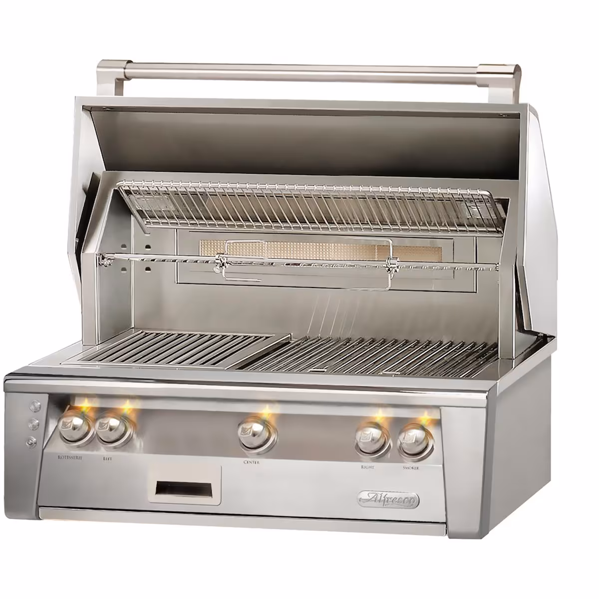 Alfresco ALXE 36" Built-In NG Grill with hood open, shown on white background highlighting interior features