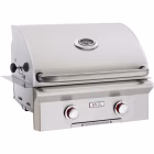 Front view of AOG T-Series 24" Built-In NG 2-Burner Grill with lid closed and polished stainless exterior