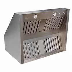 Underneath view of the Trade-Wind Outdoor Vent Hood showing dual baffle filters and halogen lighting